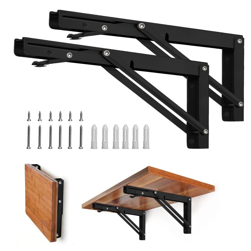 Storystore Folding Shelf Brackets - 12 Inch Heavy Duty Metal Collapsible Shelf Bracket for Bench Table, Shelf Hinge Wall Mounted Space Saving DIY Bracket, Max Load: 150 lb (2PCS, Black) - Image 1